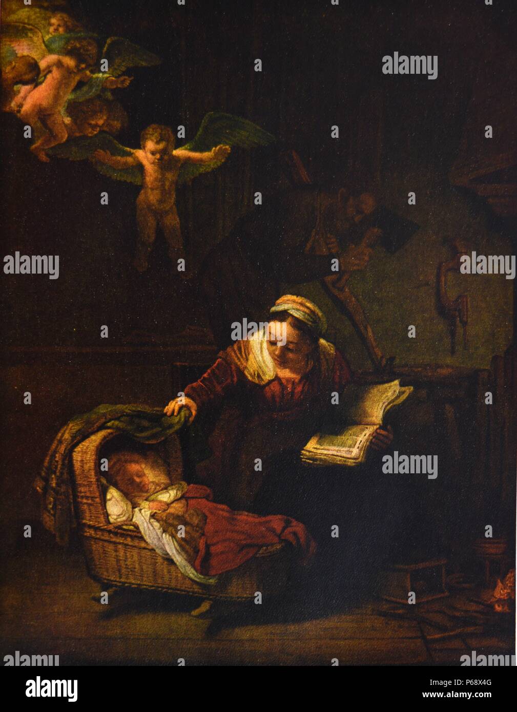 Pittura intitolato "La Sacra Famiglia con angeli' da un artista sconosciuto. Risalenti al XVII secolo Foto Stock