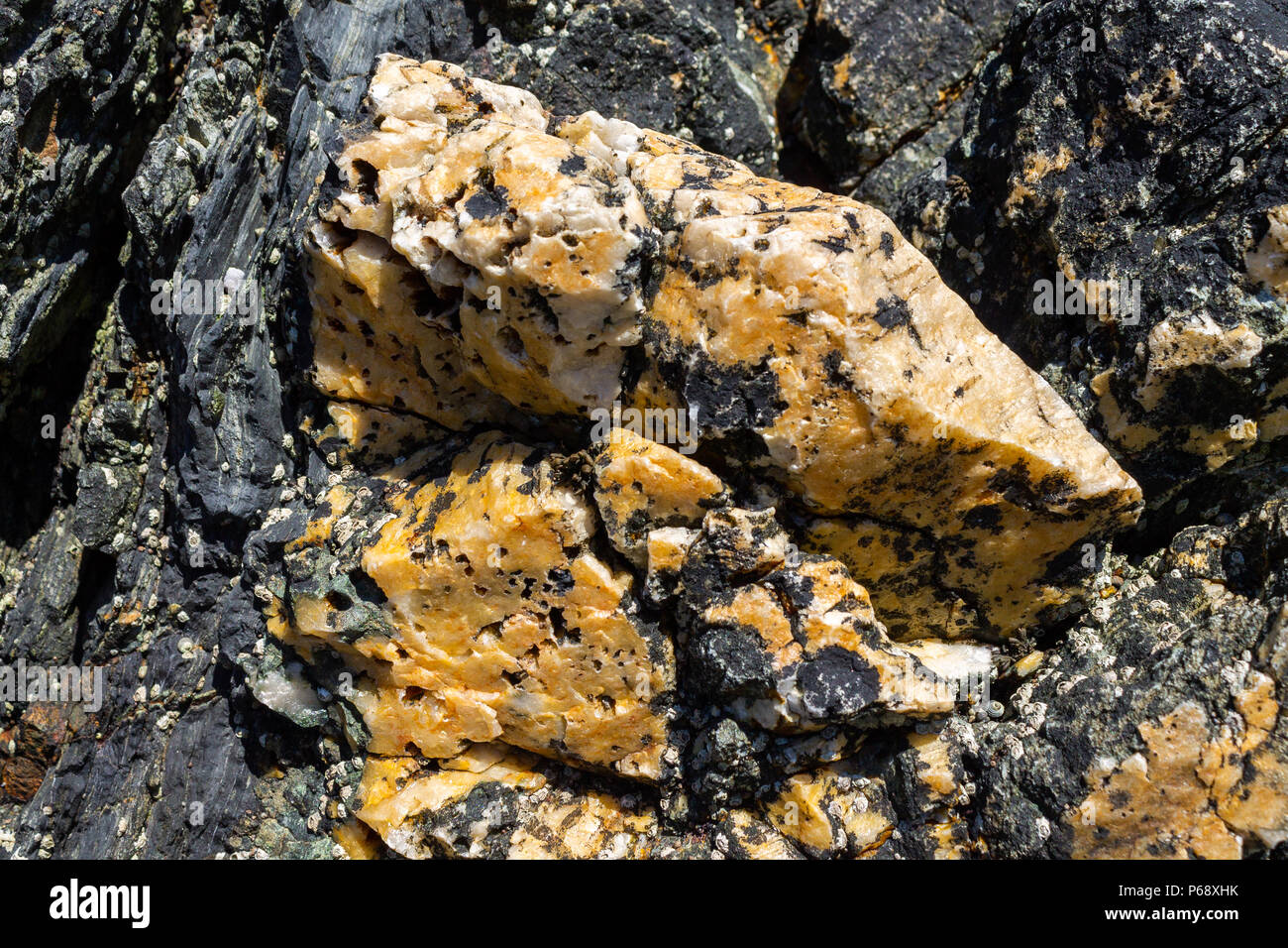 Vene di quarzo in roccia su una spiaggia, West Cork, Irlanda. Foto Stock