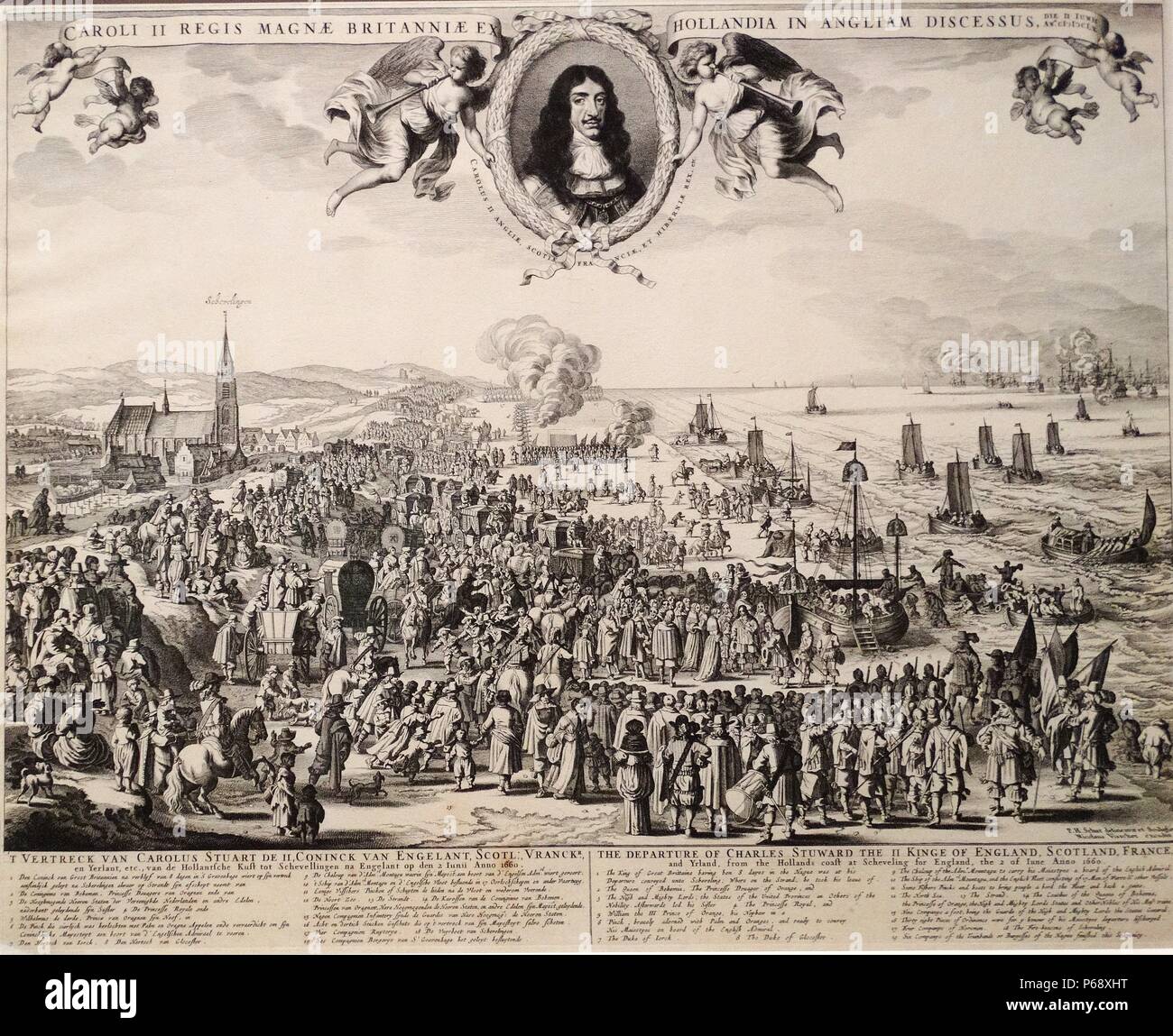 Incisione di partenza di Carlo II da Scheveningen. Da Adriaen Pietersz van de Venne (1589-1662). Risalenti al XVII secolo Foto Stock