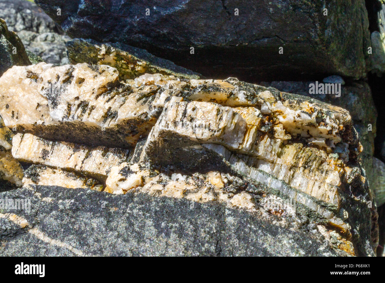 Vene di quarzo in roccia su una spiaggia, West Cork, Irlanda. Foto Stock