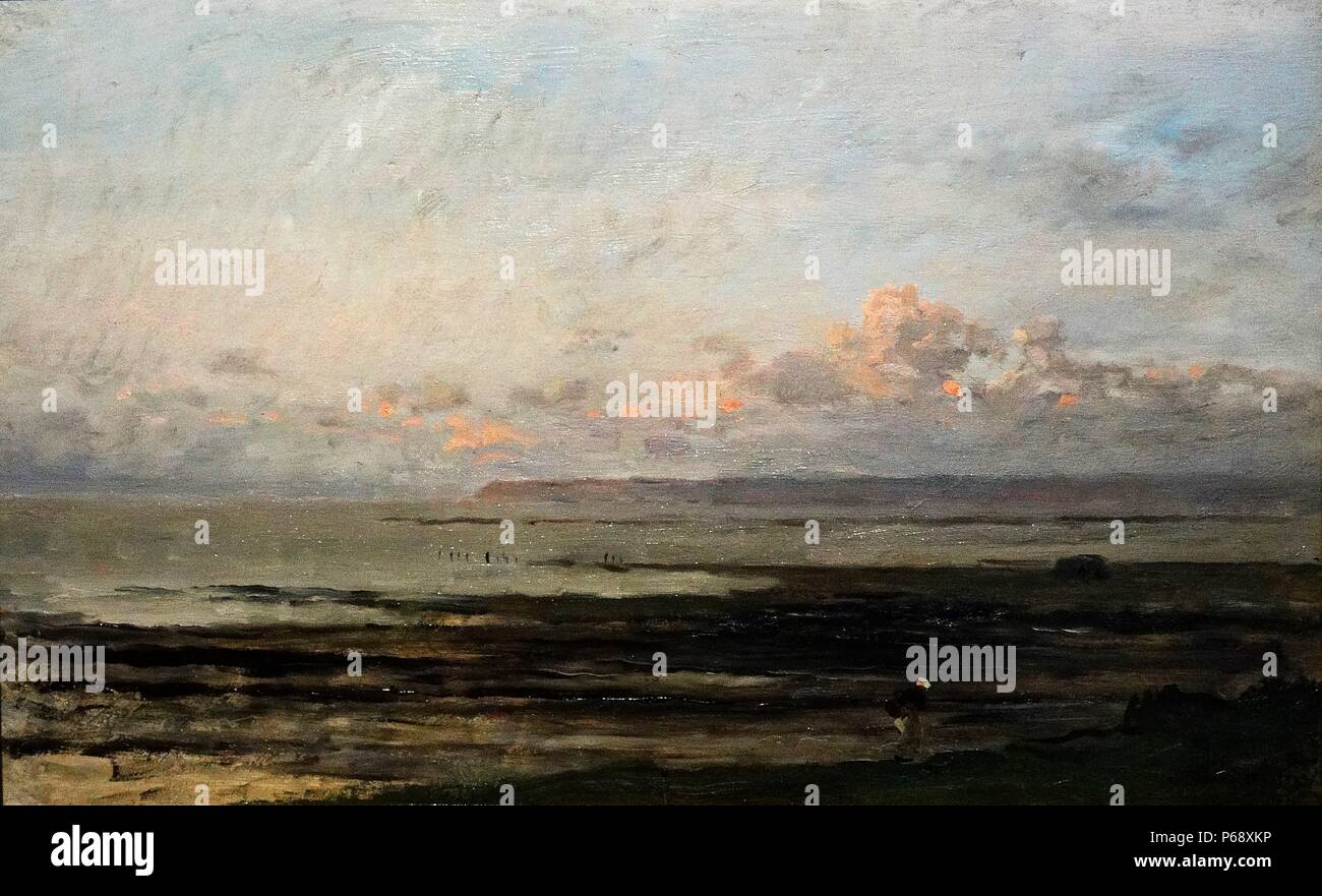 Pittura intitolato "Spiaggia di marea di declino' dipinta da Charles-François Daubigny (1817-1878) pittori della scuola di Barbizon, ed è considerato un importante precursore dell'Impressionismo. Datato 1878 Foto Stock
