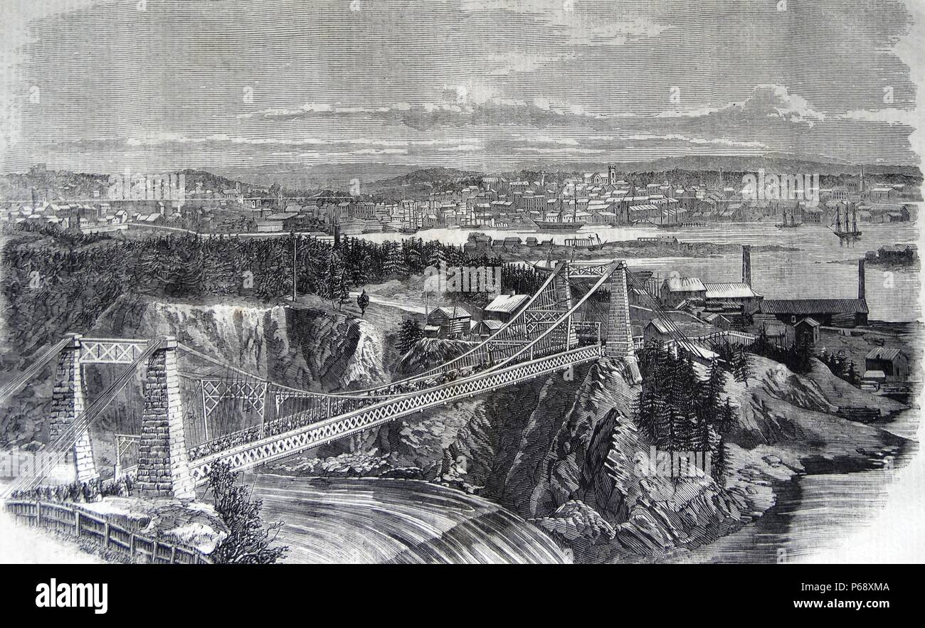 La sospensione ponte sul fiume San Giovanni; N.B.; visitato dal Principe di Galles il 7 di agosto; con una vista della città di San Giovanni. Da una fotografia da C. alluvione. Foto Stock