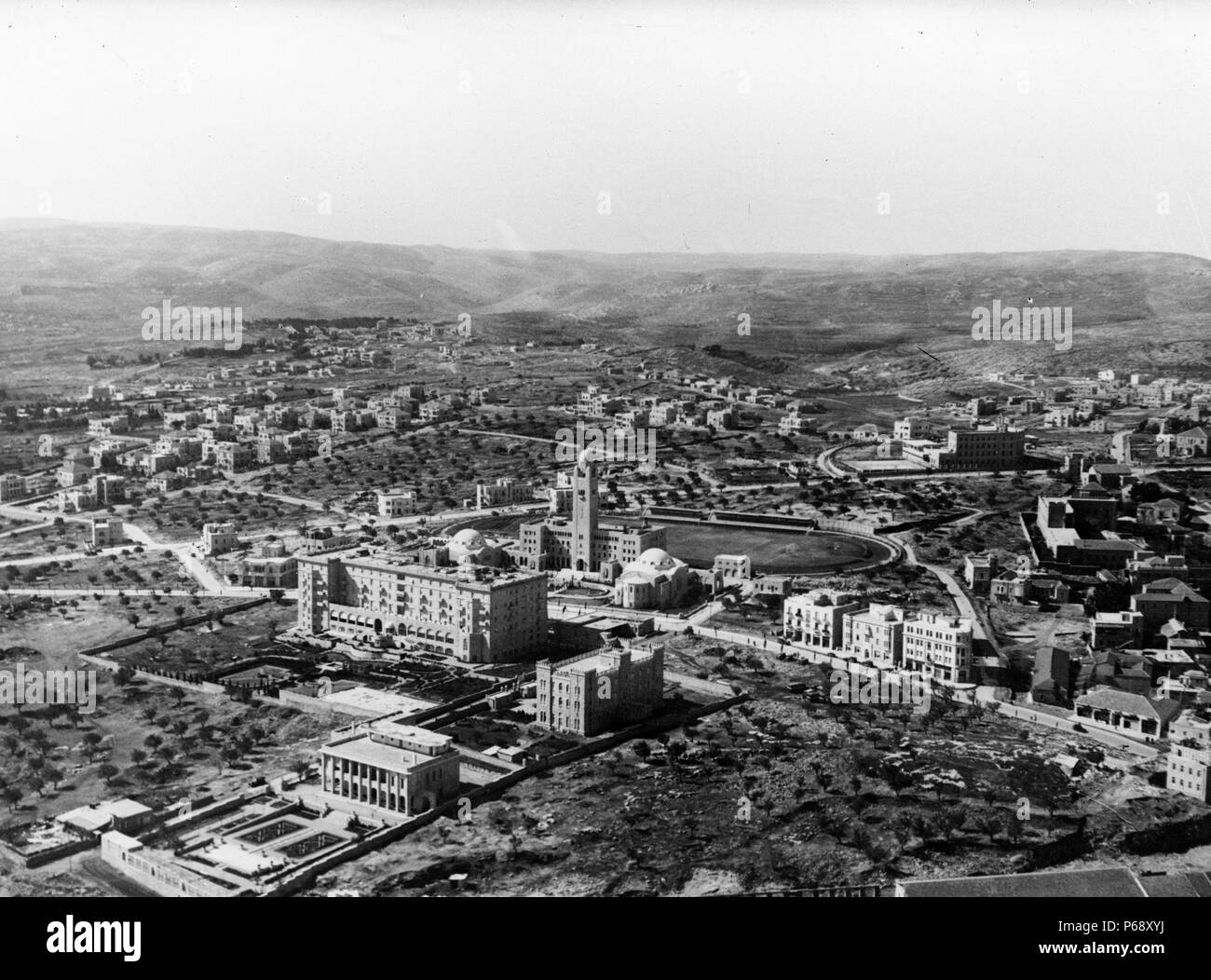 Fotografia della Gerusalemme YMCA, Hotel King David, il consolato francese generale e Seminario Gesuita. Datata 1936 Foto Stock