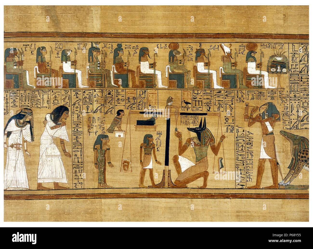 Il papiro del Libro dei Morti che illustra la pesatura del cuore, Tebe, Egitto. Datata 1275 A.C. Foto Stock