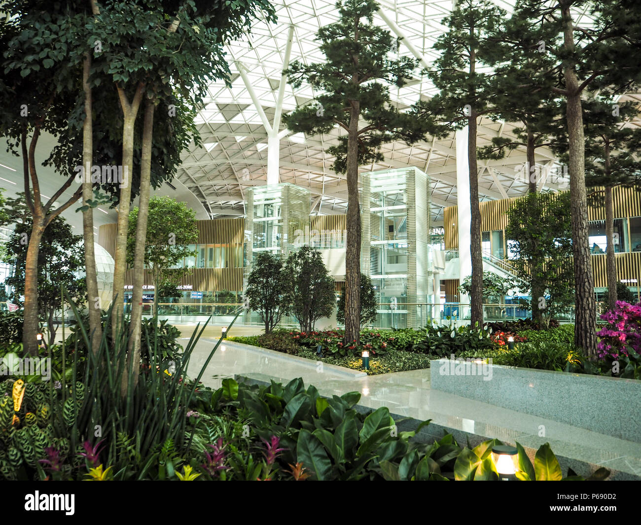 Aprile 2018 - Corea del Sud: giardino interno nella nuova apertura terminale 2 dell'Aeroporto Internazionale di Incheon, Corea del Sud Foto Stock