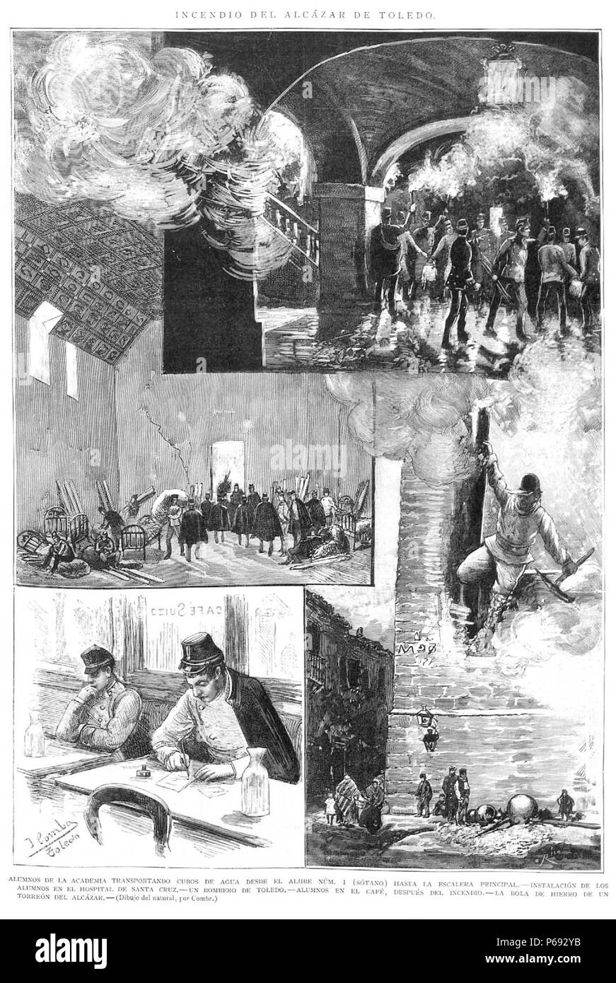 1887-01-22, la Ilustración Española y Americana, di incendio del Alcázar de Toledo, collage, Comba, Rico. Foto Stock