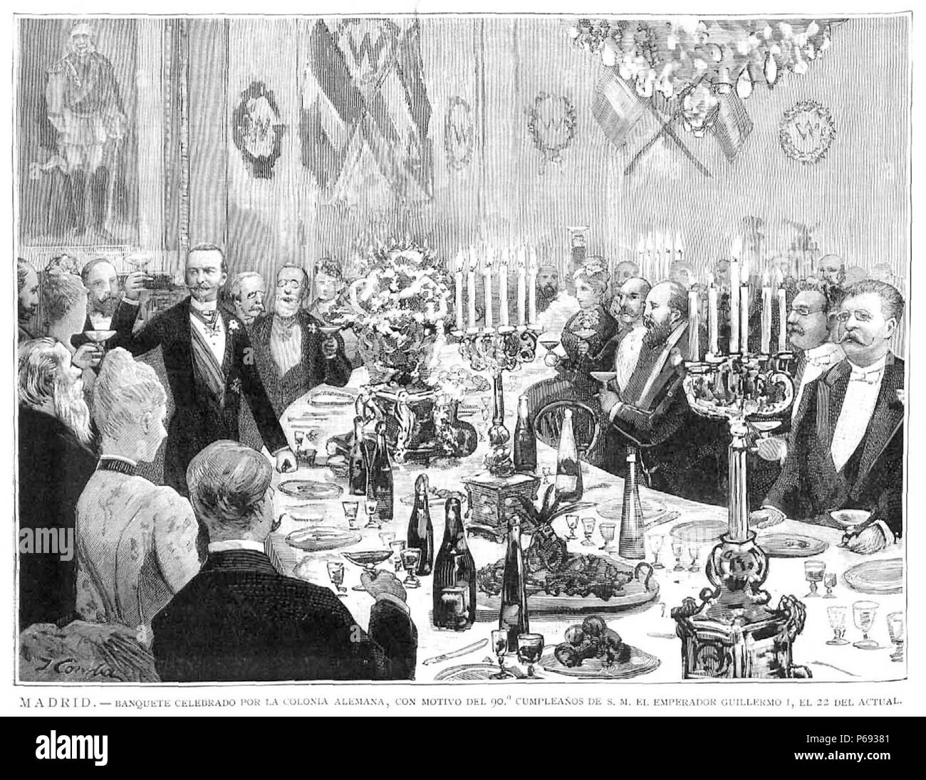 1887-03-30, la Ilustración Española y Americana, Madrid, Banquete celebrado por la colonia alemana, Comba. Foto Stock