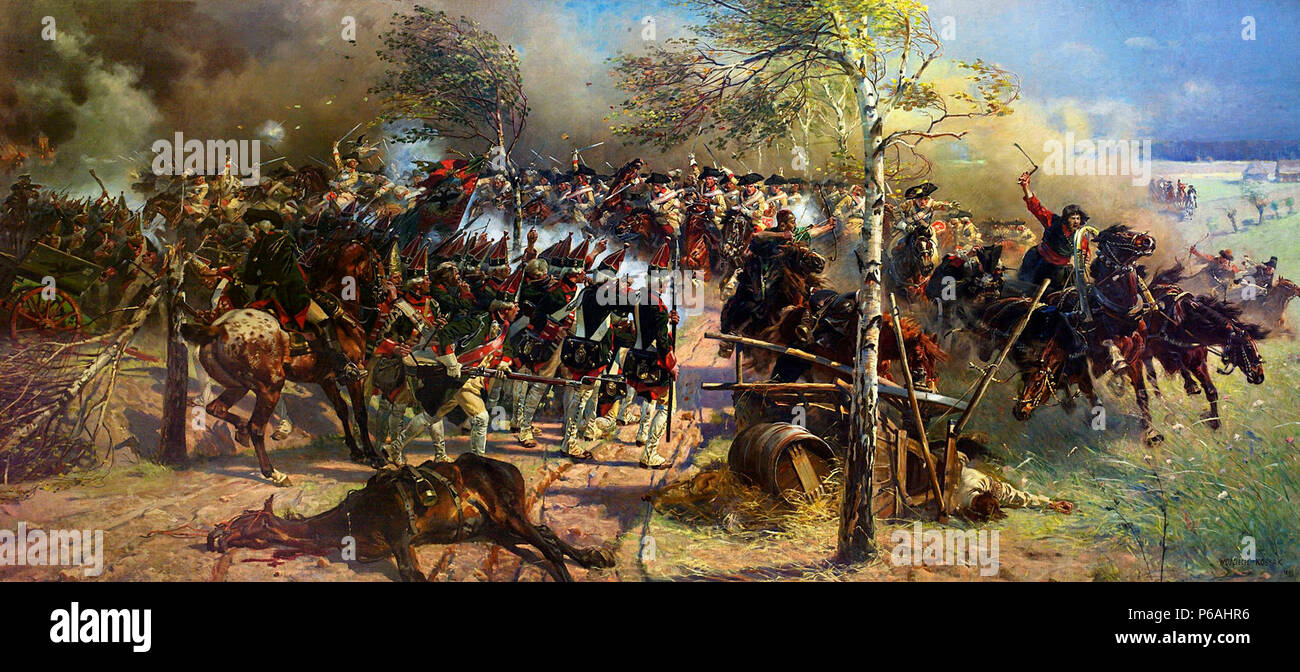 La battaglia di Zorndorf (1758), Wojciech Kossak, 1899. La battaglia di Zorndorf, combattuta il 25 agosto 1758 durante i sette anni di guerra fu combattuta tra le truppe russe è comandata dal conte William Fermor e un esercito prussiano comandato da re Federico il Grande. Foto Stock