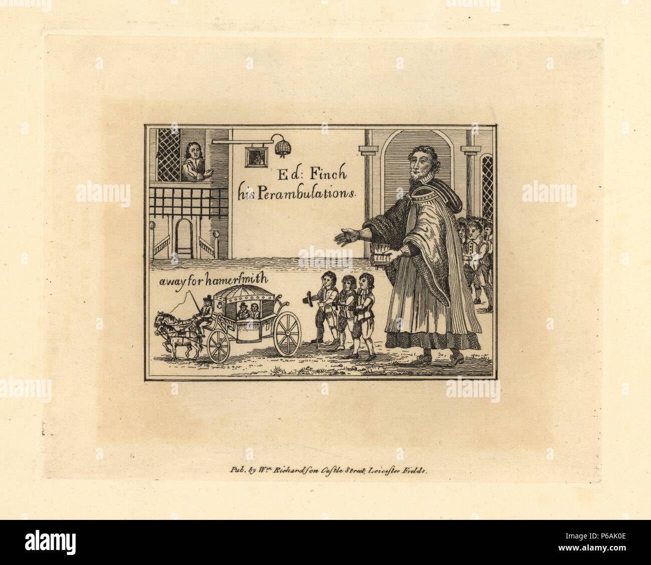 Edward Finch, scandalosa Vicario di Cristo la Chiesa di Londra, morì 1642. Da un curioso prefisso di stampa al 'petizioni e articoli' contro di lui 1641, mostrando il suo viaggio fino a Hammersmith con una parte dei presunti caratteri allentati. Incisione su rame da Richardson "Ritratti che illustra Granger biografico della storia dell'Inghilterra", London, 1792-1812. Pubblicato da William Richardson, printseller, Londra. James Granger (1723-1776) era un ecclesiastico inglese, biografo e collezionista di stampa. Foto Stock