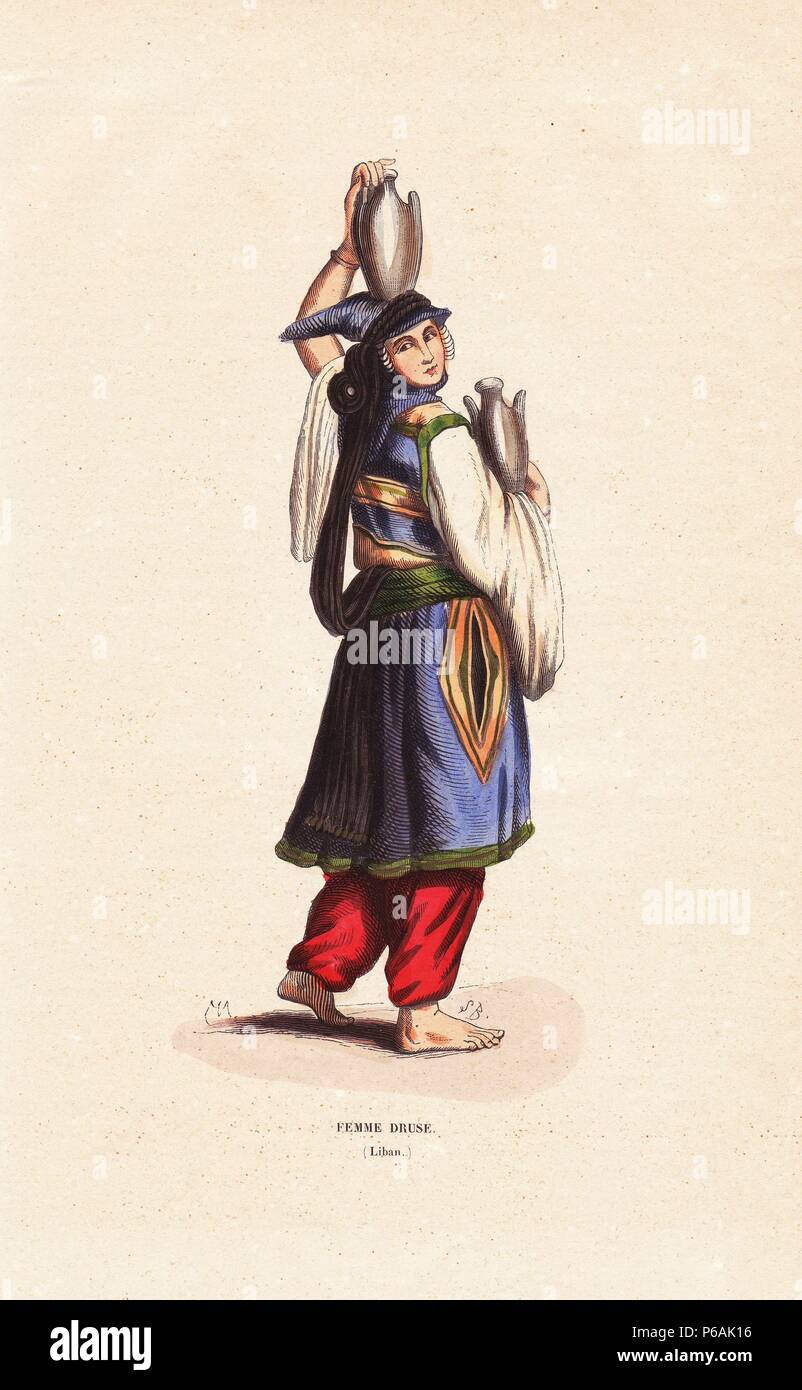 I Drusi donna del Libano che indossa un copricapo tantour con sciarpa,  oltre gonne e pantaloni, che trasportano brocche d'acqua. Handcolored  xilografia da S.B. dopo una illustrazione da H. Hendrickx da Auguste