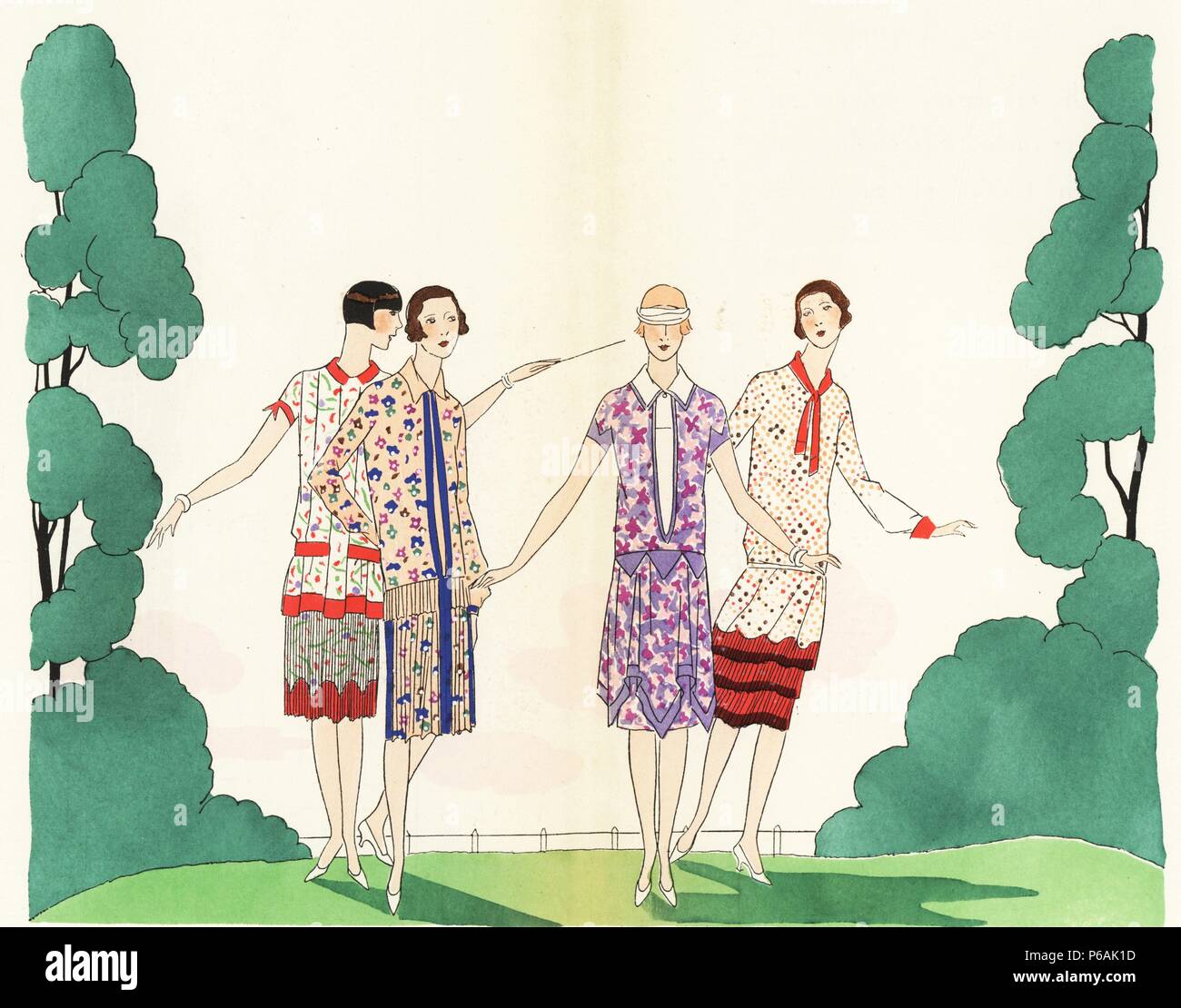 Le donne a giocare cieco il buff in 1920s mode. Indossano abiti di pomeriggio in stampato crêpe de Chine o crepe georgine. Litografia con pochoir (stencil) handcolor dal lusso francese rivista di moda "Arte, gotta, beaute", 1926. Foto Stock