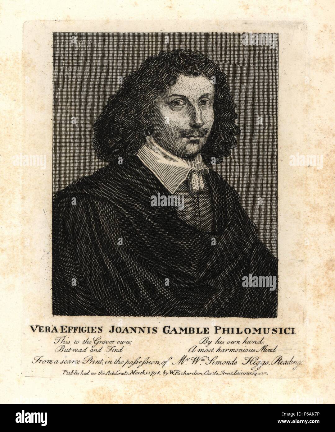 John Gamble, professore di musica. Vera effigi Joannis Gamble Philomusici. Da una scarsità di stampare da T. Croce (in possesso di William Simonds di lettura) prefissato per il suo 'Ayres e Dialoghi" 1637. Incisione su rame da Richardson "Ritratti che illustra Granger biografico della storia dell'Inghilterra", London, 1792-1812. Pubblicato da William Richardson, printseller, Londra. James Granger (1723-1776) era un ecclesiastico inglese, biografo e collezionista di stampa. Foto Stock