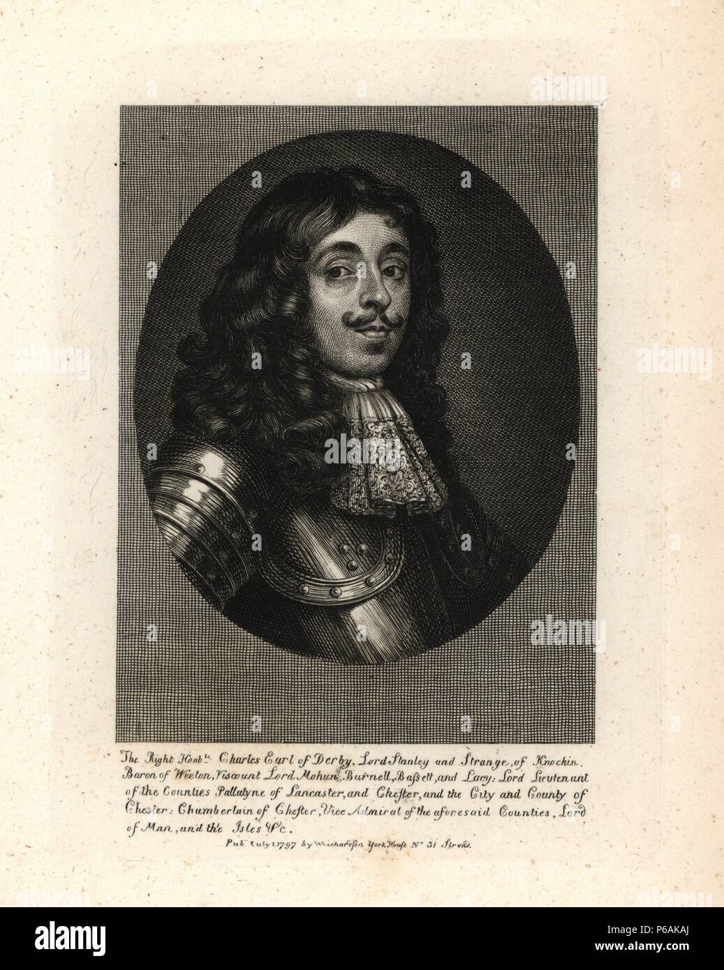 Charles, Conte di Derby, signore Stanley e strano di Knockin, Barone di Weeton, Visconte Signore Mohun, Burnell, Bassett, e Lacy; Lord Luogotenente di contee Pallatyne di Lancaster e Chester e la città e contea di Chester. Da una raffinata e di scarse stampare da A. Blooteling. Incisione su rame da Richardson "Ritratti che illustra Granger biografico della storia dell'Inghilterra", London, 1792-1812. Pubblicato da William Richardson, printseller, Londra. James Granger (1723-1776) era un ecclesiastico inglese, biografo e collezionista di stampa. Foto Stock