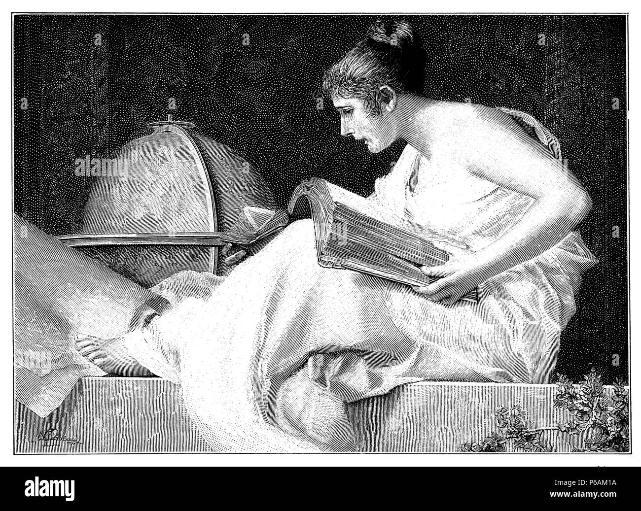 Donna lettura in una lettura foliate con globo, Barabino 1902 Foto Stock