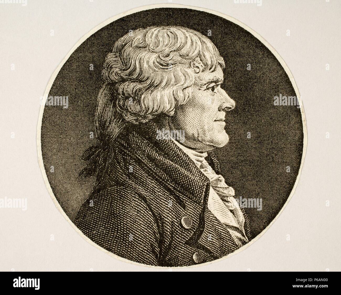Thomas Jefferson (1743-1826). American Padre Fondatore, il principale autore della Dichiarazione di Indipendenza (1776) e de terzo presidente degli Stati Uniti (1801-1809). Incisione. Foto Stock