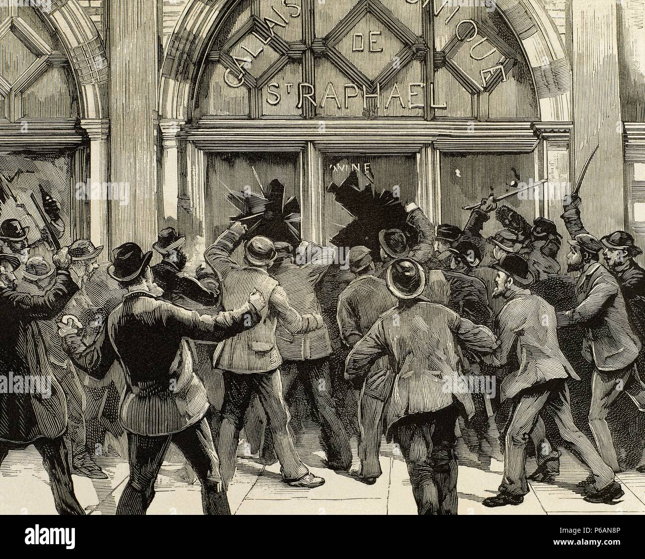 La Gran Bretagna. Londra. Agitazione socialista. Manifestanti incoraggiati a furti e saccheggi di negozi Picadilly durante la riunione dei leader socialista brucia in Trafalgar Square. Febbraio 8, 1886. Incisione. Foto Stock