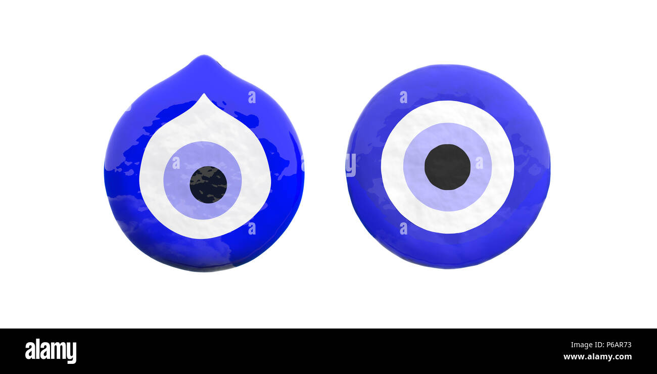 Male gli occhi turco amuleto, due, intaglio, vista dall'alto, la protezione dalla sfortuna isolati su sfondo bianco. 3d illustrazione Foto Stock