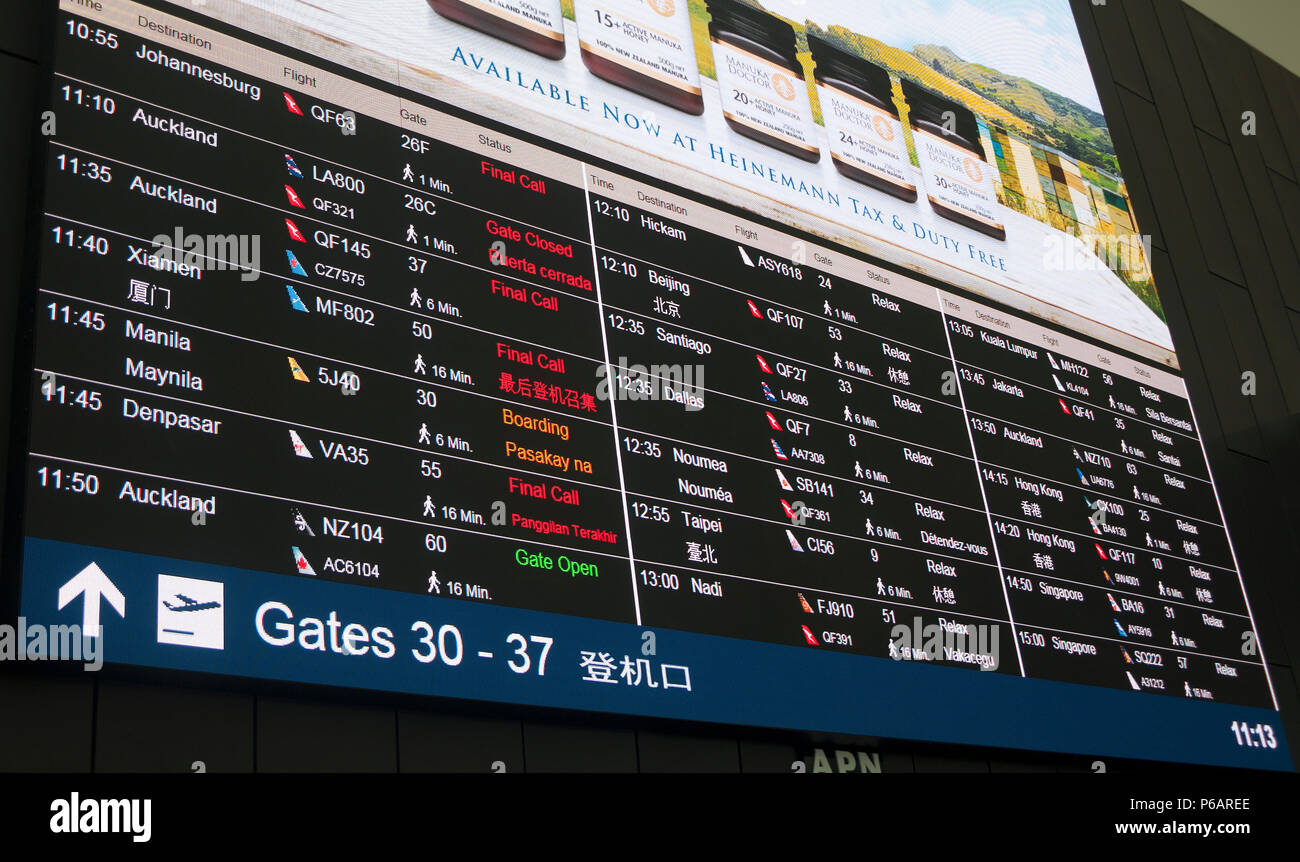 Le informazioni di volo bordo, Kingsford Smith International Airport di Sydney, Nuovo Galles del Sud, Australia Foto Stock