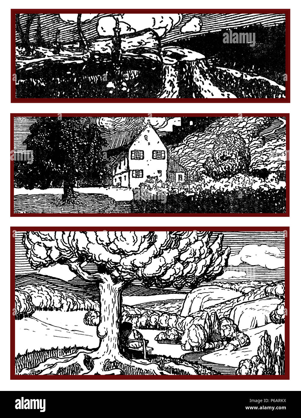 Decorativo tipografici elementi art deco inizio '900: 3 paesaggi stilizzata come banner, di confine e di fine capitolo decorazione Foto Stock