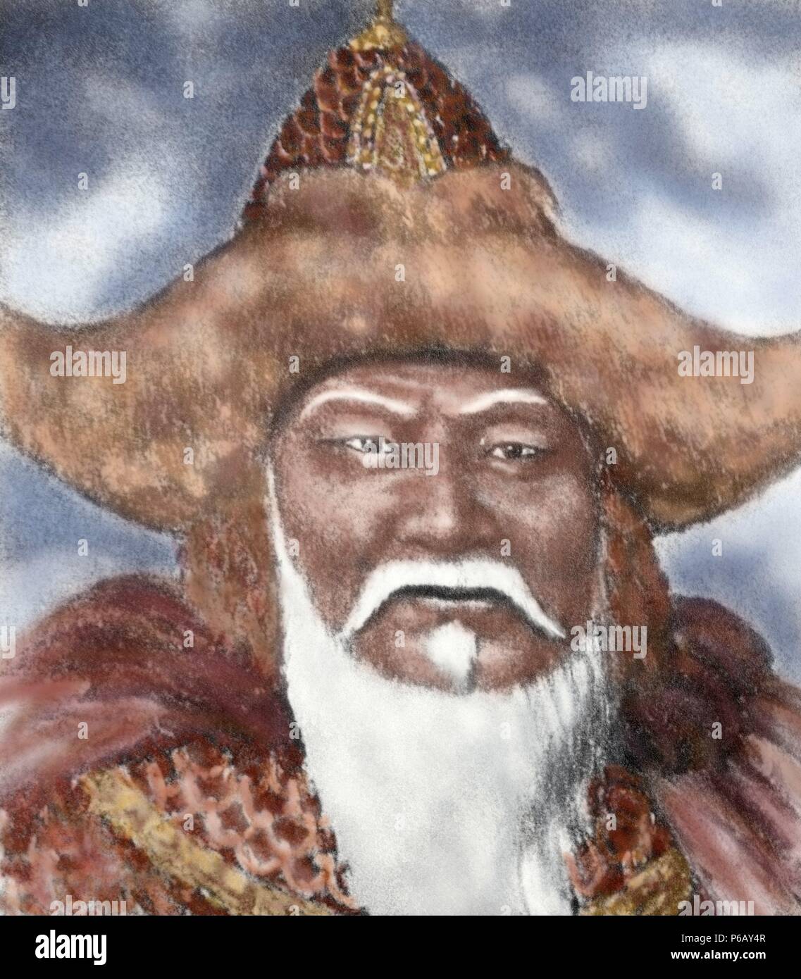 Gengis Khan (1162-1227). L'imperatore di Mogol Impero. Incisione. Colorati. Foto Stock