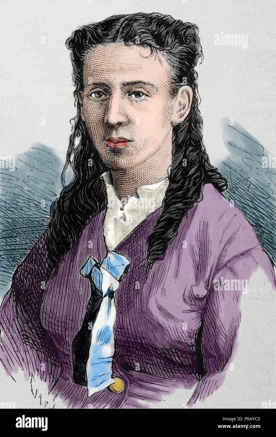 Alicia Le Plongeon. Moglie di archeologo dilettante Augustus Le Plongeon (1825-1908), antiquario angloamericano, arte precolombiana specialista. Incisione di Capuz. La illustrazione espanola y Americana. 1877. Colorati. Foto Stock