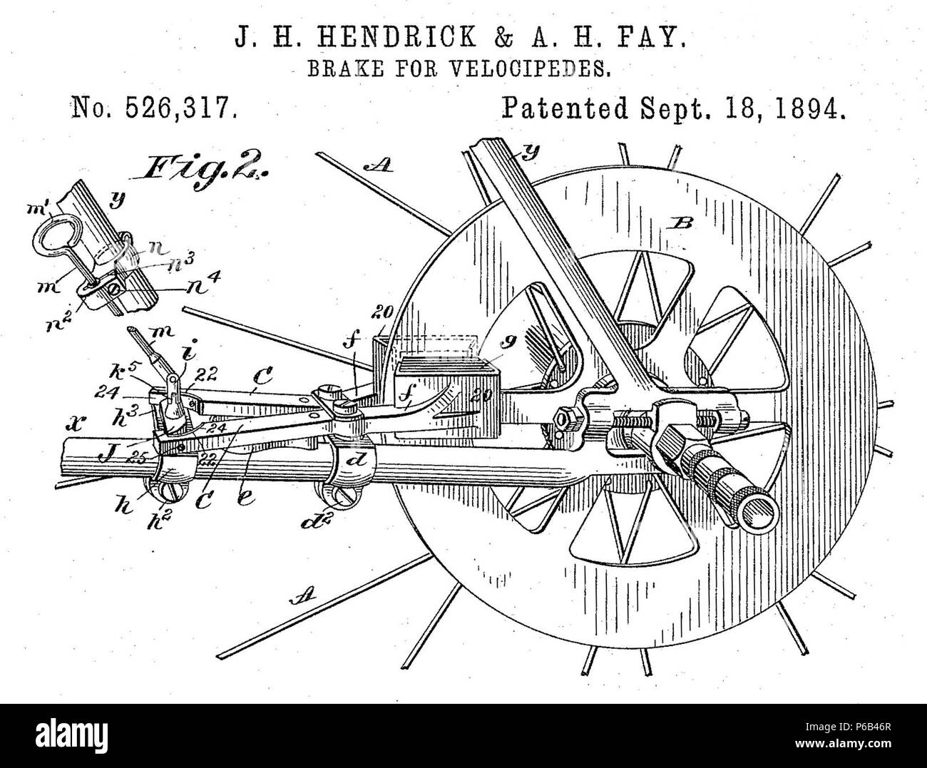 1894-09-18-brevetto-526317-freno-per-velocipedi-2. Il brevetto no. 526317 Foto Stock