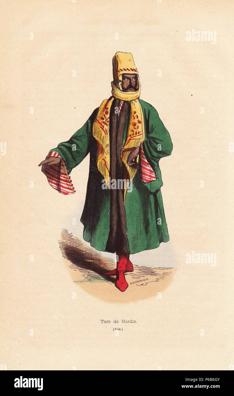 L uomo da Mardin, a sud-est della Turchia, in foulard ricamati, foderata in pelliccia cape, stivali rossi. Handcolored xilografia da Vangauberche da Auguste Wahlen "oeurs, consuetudini et costumi de tous les peuples du Monde", Librairie Historique-Artistique, Bruxelles, 1845. Wahlen era lo pseudonimo di Jean-Francois-Nicolas Loumyer (1801-1875), scrittore, archivista e con il Dipartimento di araldica del Belgio. Foto Stock