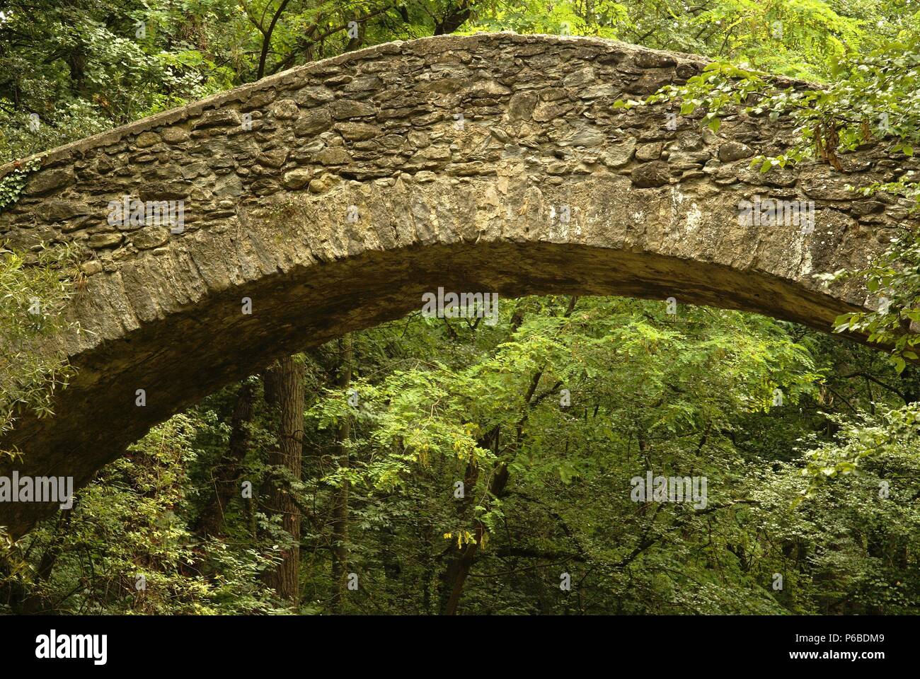 Pont de la Riera sobre el rio Ges(s.XV).Sant Pere de Torelló e. Garrotxa.Catalunya. España. Foto Stock