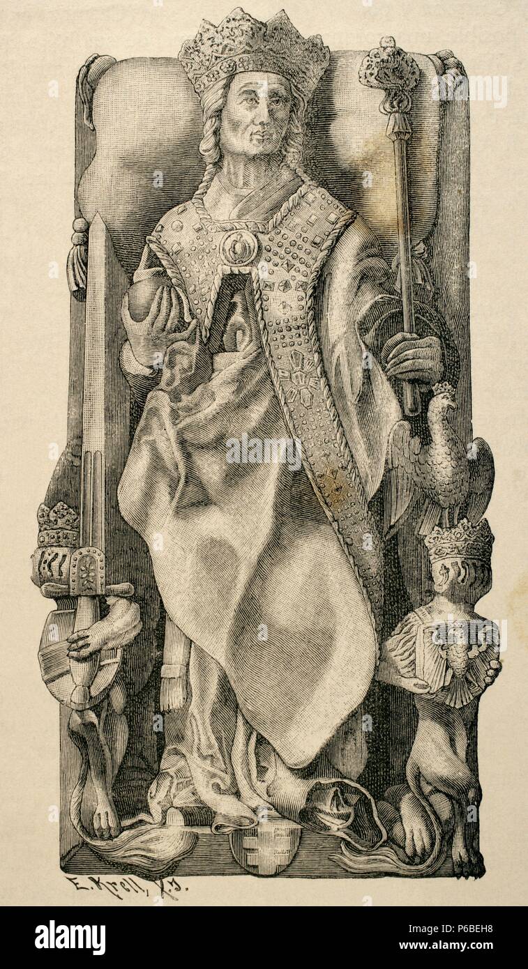 Wladyslaw II Jagiello, Jogaila (1362-1434). Re di Polonia. Incisione raffigurante il sarcofago di re nella Cattedrale di Cracovia (secondo Essenwein). Foto Stock