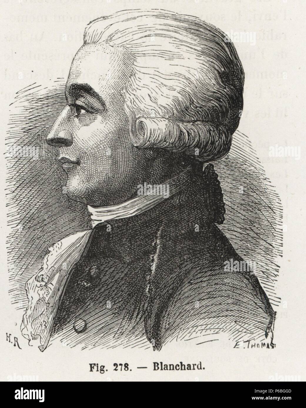 Jean-Pierre Blanchard, francese pioniere del palloncino. Woodblock incisione di H. Rousseau dopo E. Thomas da Louis Figuier 'Les Merveilles de la Science: Aerostats' (meraviglie della scienza: Aria palloncini), Furne, Jouvet et Cie, Parigi, 1868. Foto Stock