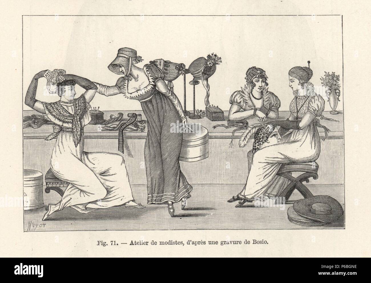 Milliners' officina, con hatmakers e i clienti cercando sui cappelli, 1800.  Moda donna in abiti eleganti e fichu (neckerchief) guardando cofani.  Illustrazione disegnata da Jean-Francois Bosio, xilografia da Huyot da Paul  Lacroix's '