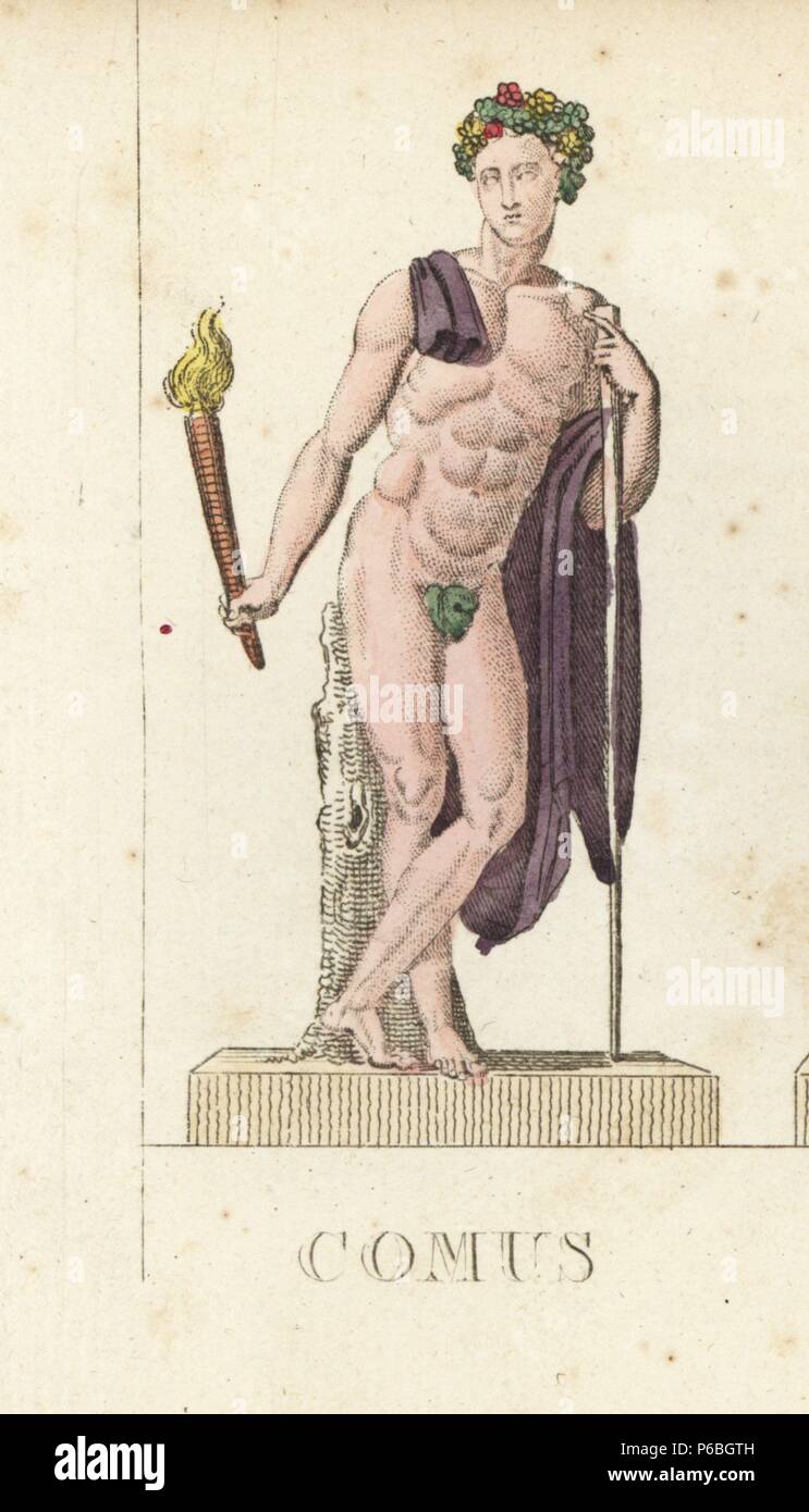 Comus, dio greco di festa e di eccesso, con torcia, corona e personale. Handcolored incisione su rame incisa da Jacques Louis Lacerf costante dopo le illustrazioni da Leonard Defraine da 'La mythologie en Estampes' (mitologia stampe o figure di divinità leggendaria), Chez P. Blanchard, Parigi, c.1820. Foto Stock