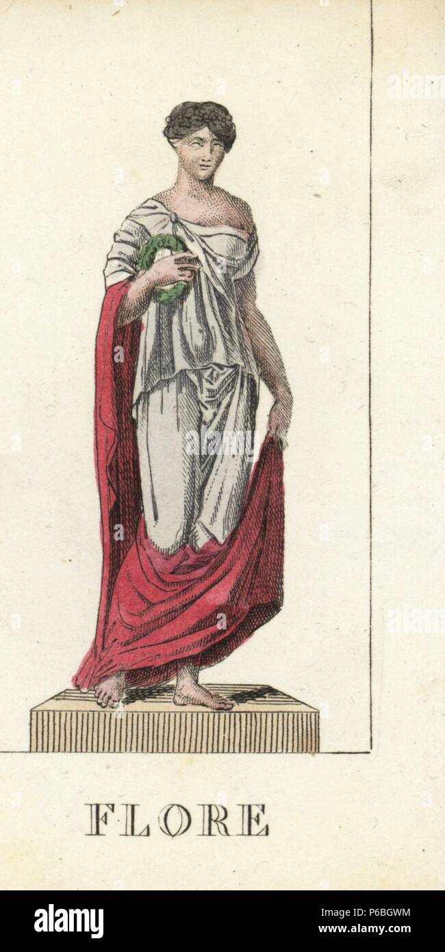 La flora, la dea romana dei fiori e la molla, tenendo una ghirlanda di fiori. Handcolored incisione su rame incisa da Jacques Louis Lacerf costante dopo le illustrazioni da Leonard Defraine da 'La mythologie en Estampes' (mitologia stampe o figure di divinità leggendaria), Chez P. Blanchard, Parigi, c.1820. Foto Stock
