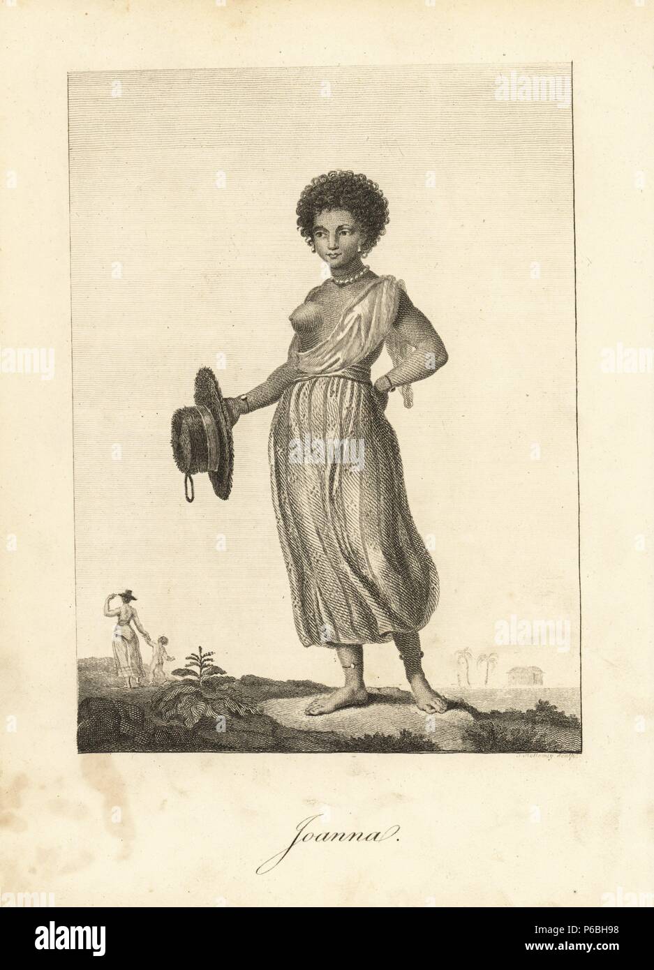 Joanna, un mulatto schiavo che divenne Stedman's moglie. Indossa una  petticoat, collana di perle, orecchini, bracciali e cavigliere, e porta un  cappello di paglia. Incisione su rame di J. Holloway opo un