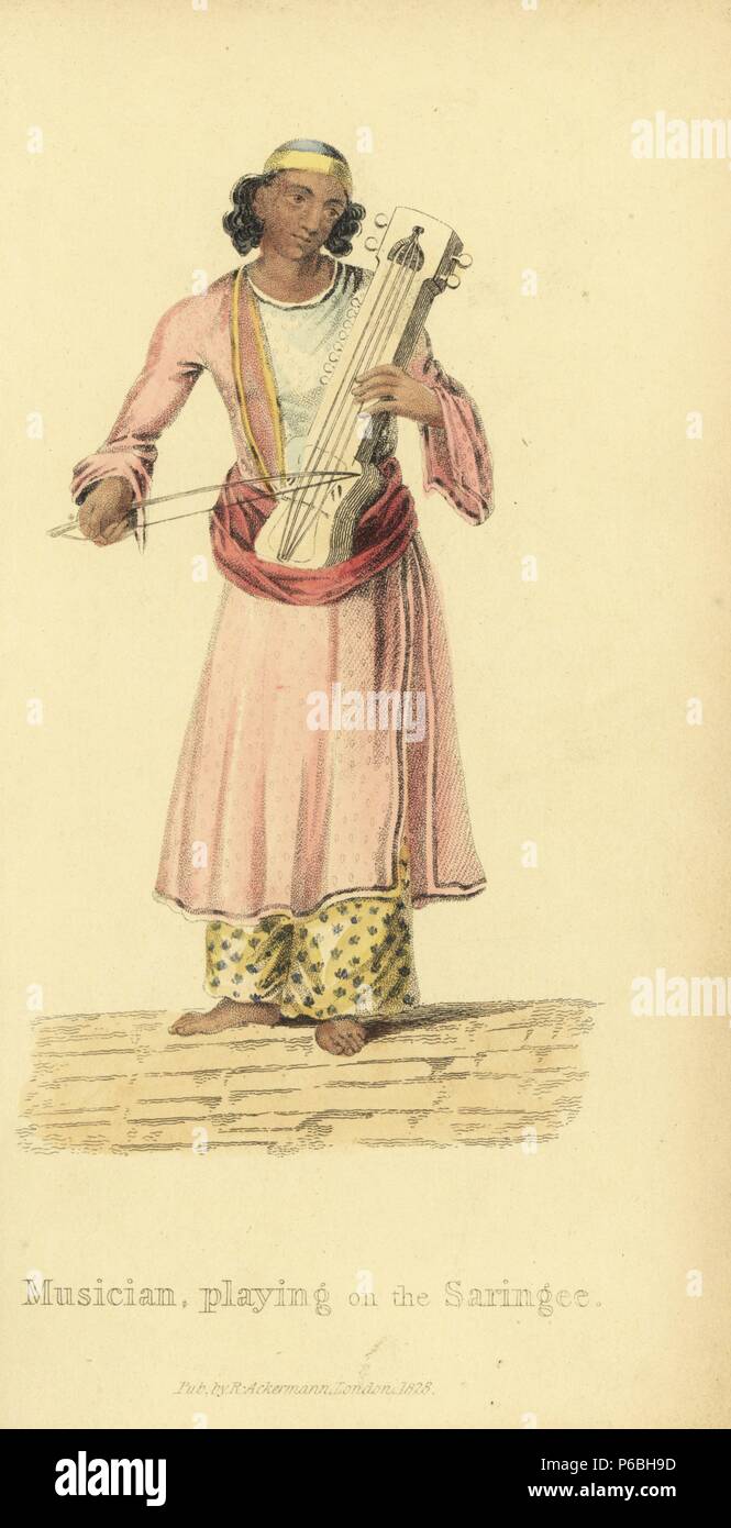 Musicista che gioca il saringee indiano (violino) indossa mussola o accappatoi di cotone, turbante e il telaio. Handcolored incisione su rame da un artista sconosciuto da 'costumi asiatici,' Ackermann, Londra, 1828. Foto Stock