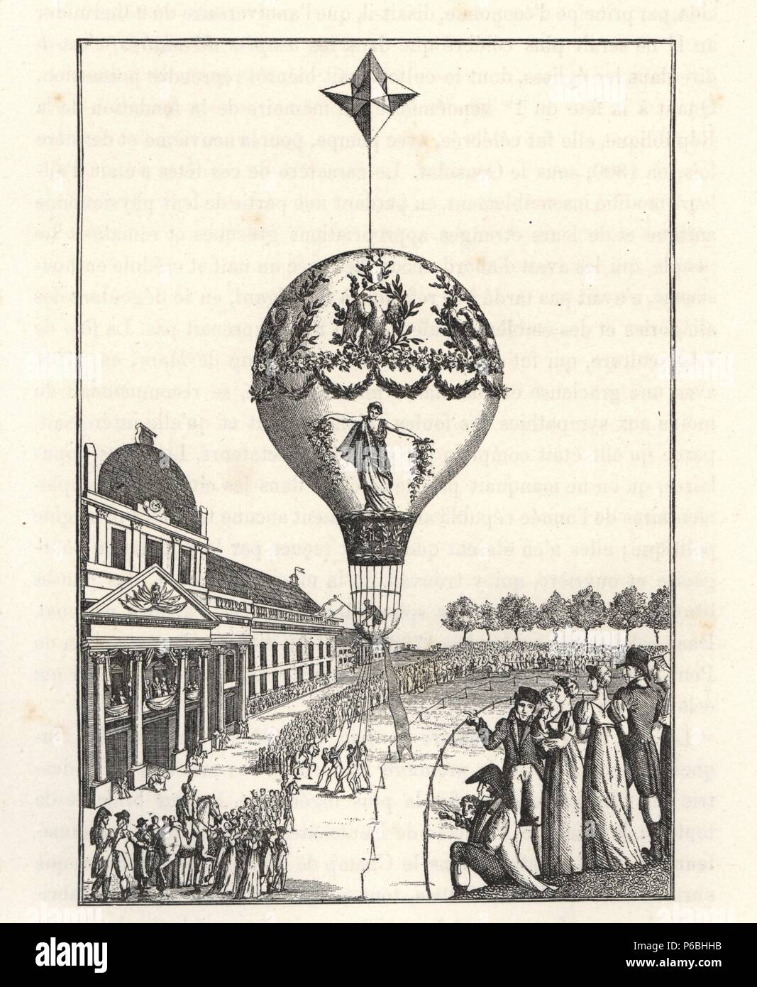 Ascensione di un palloncino dalla femmina balloonist Sophie Blanchard a Champ de Mars, Parigi, 24 giugno 1810. Incisione da Paolo Lacroix's 'Directoire, Consulat et Empire", Parigi, 1884. Foto Stock