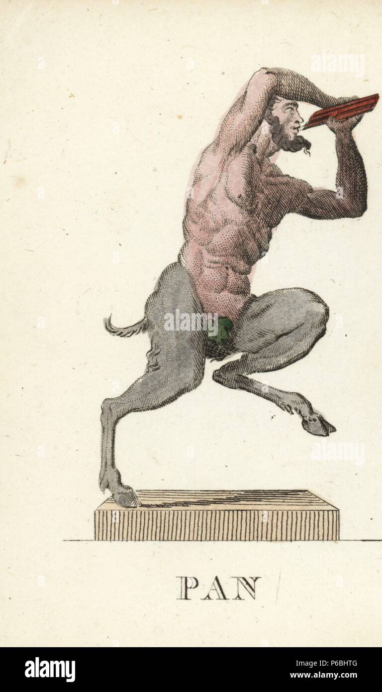 Pan, dio greco della natura, raffigurato con la barba, foglia di fico, gambe di capra e tubi di pan. Handcolored incisione su rame incisa da Jacques Louis Lacerf costante dopo le illustrazioni da Leonard Defraine da 'La mythologie en Estampes' (mitologia stampe o figure di divinità leggendaria), Chez P. Blanchard, Parigi, c.1820. Foto Stock