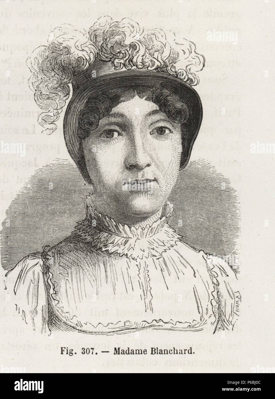 Madame Sophie Blanchard, Pioneer donna balloonist e moglie di Jean-Pierre Blanchard. Woodblock incisione di H. Rousseau dopo E. Thomas da Louis Figuier 'Les Merveilles de la Science: Aerostats' (meraviglie della scienza: Aria palloncini), Furne, Jouvet et Cie, Parigi, 1868. Foto Stock