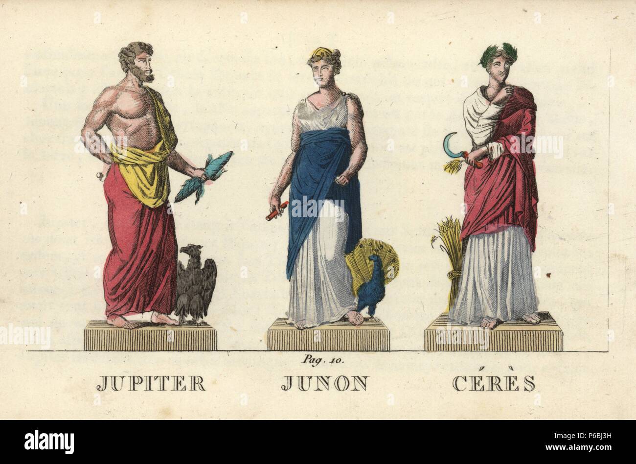 Giove, Giunone e Cerere, divinità romane e Dee del cielo, del matrimonio e dell'agricoltura. Handcolored incisione su rame incisa da Jacques Louis Lacerf costante dopo le illustrazioni da Leonard Defraine da 'La mythologie en Estampes' (mitologia stampe o figure di divinità leggendaria), Chez P. Blanchard, Parigi, c.1820. Foto Stock