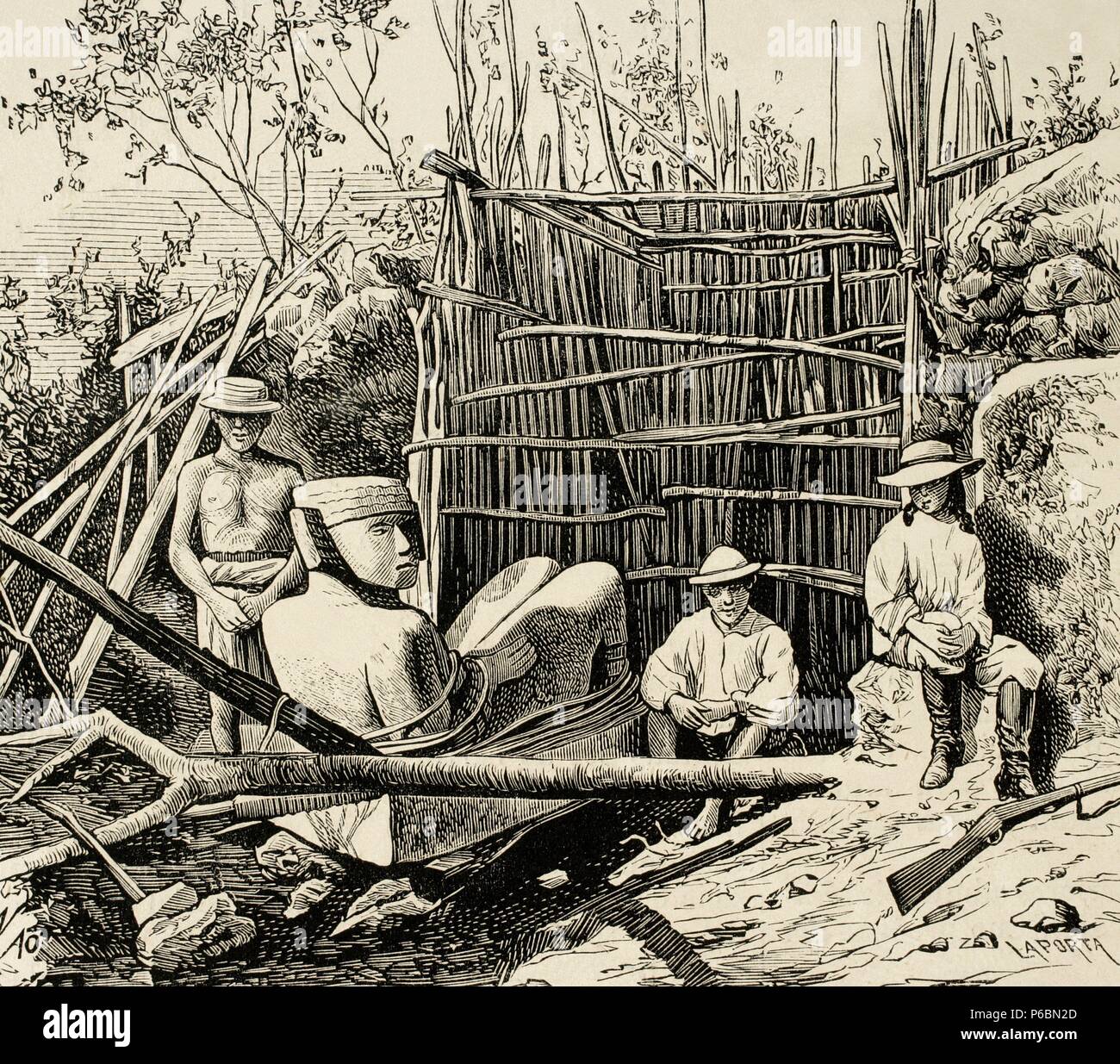 Augustus Le Plongeon (1825-1908) fotografo angloamericano e antiquario che hanno studiato le rovine precolombiane di America, civiltà maya sulla penisola dello Yucatan. Incisione di Laporta 'La Ilustracion Española y Americana ", 1877. Foto Stock