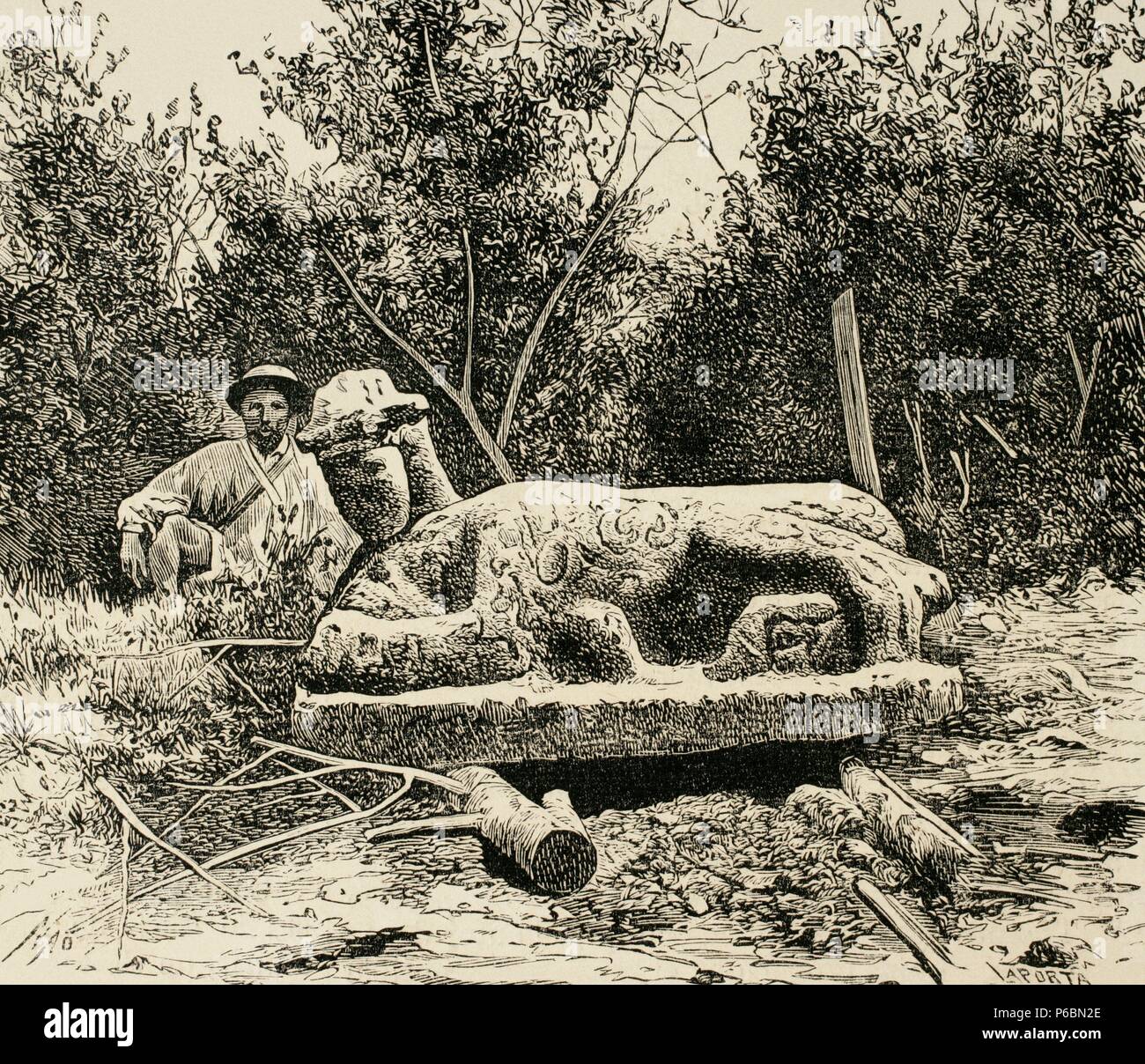 Augustus Le Plongeon (1825-1908) fotografo angloamericano e antiquario che hanno studiato le rovine precolombiane di America, civiltà maya sulla penisola dello Yucatan. Incisione di Laporta 'La Ilustracion Española y Americana ", 1877. Foto Stock