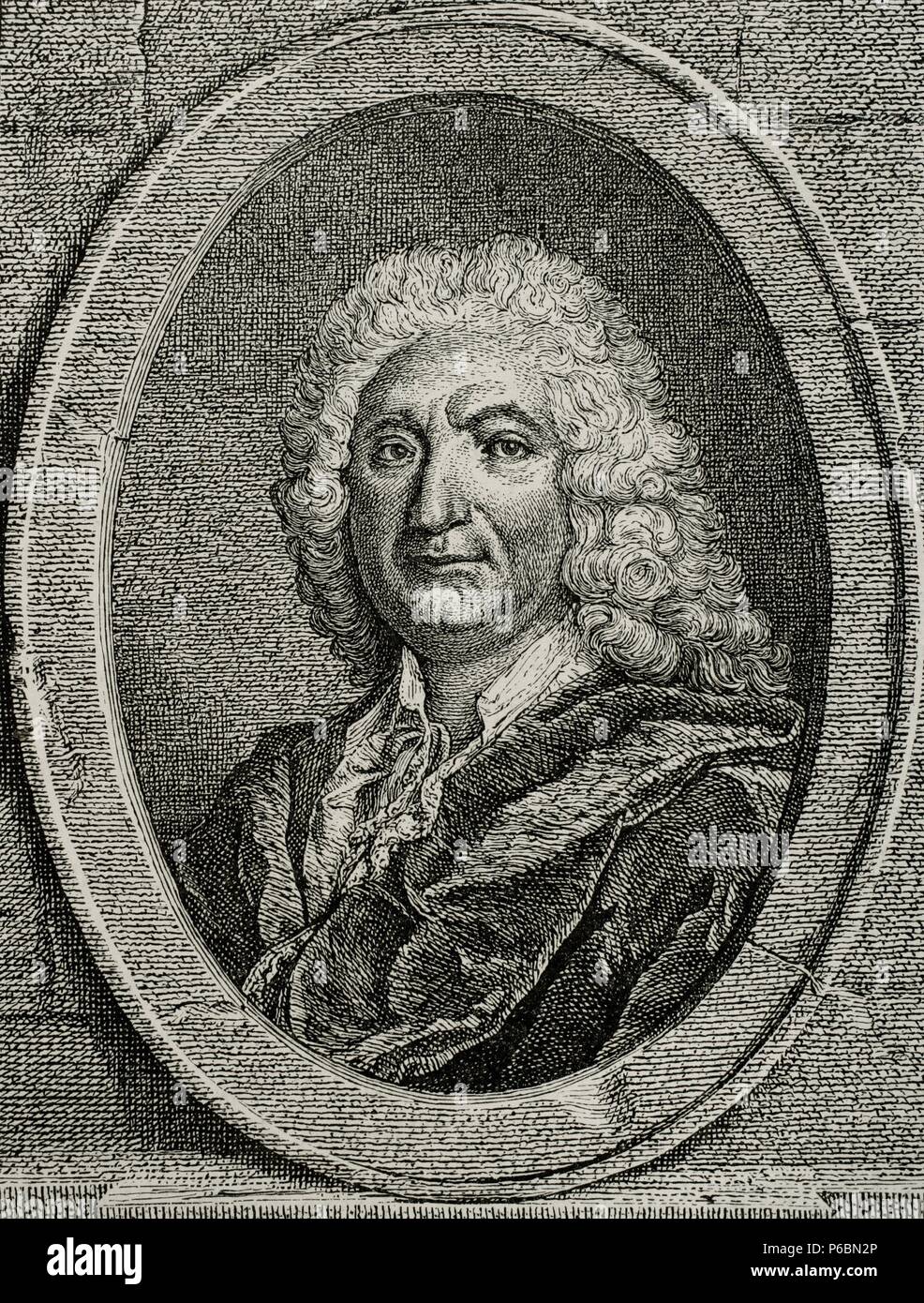 Alain-Rene Lesage (1668- 1747). Il romanziere francese e il drammaturgo. Meglio nota per il romanzo picaresco Gil Blas. Incisione. Storia Universale, 1885. Foto Stock