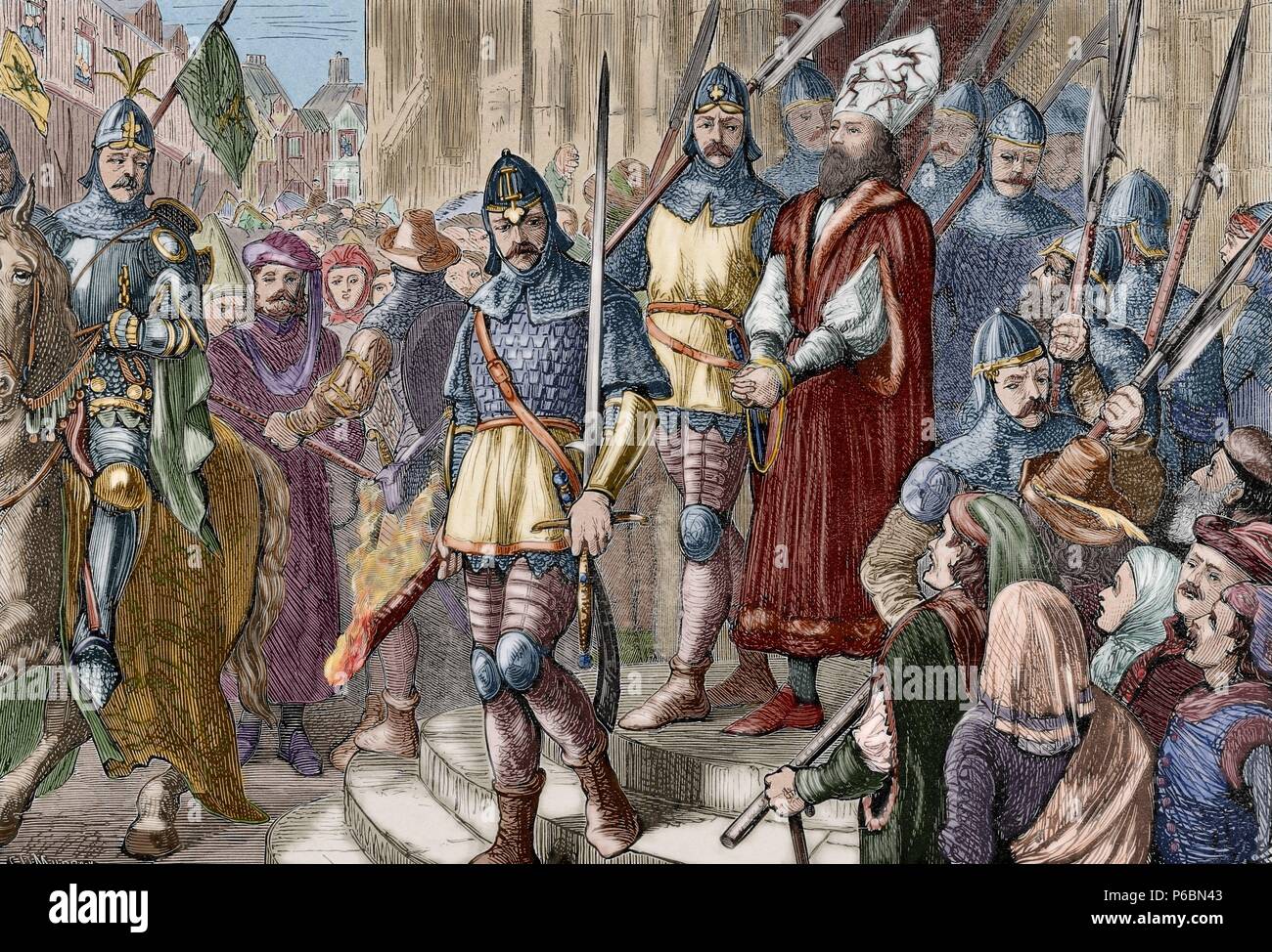 Girolamo di Praga (1360-1416). Predicatore boemo. Girolamo di Praga marciando per l'esecuzione. Incisione di C. D. Murray nella rivoluzione religiosa, 1880. Colorati. Foto Stock