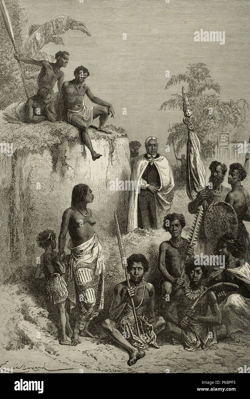 Kamehameha I (1758-1819). Re di Isola delle Hawaii. Hawaiiani, 1819. Kamehameha e i suoi guerrieri. Incisione di E. Bayard. Il mondo illustrato, 1880. Foto Stock
