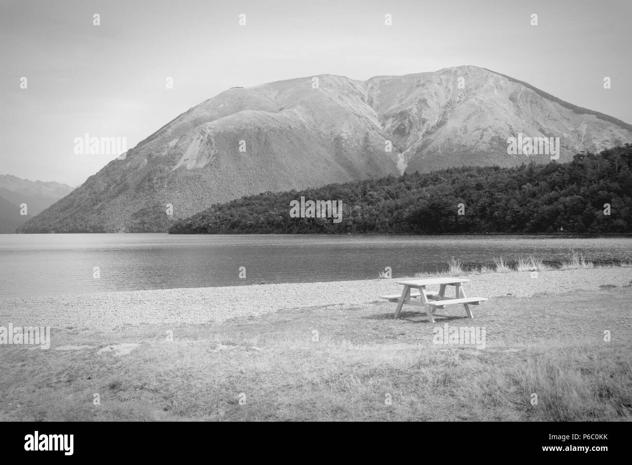 La Nuova Zelanda. Nelson Lakes National Park - banco di vuoto. In bianco e nero il tono - retro monocromatico colore stile. Foto Stock