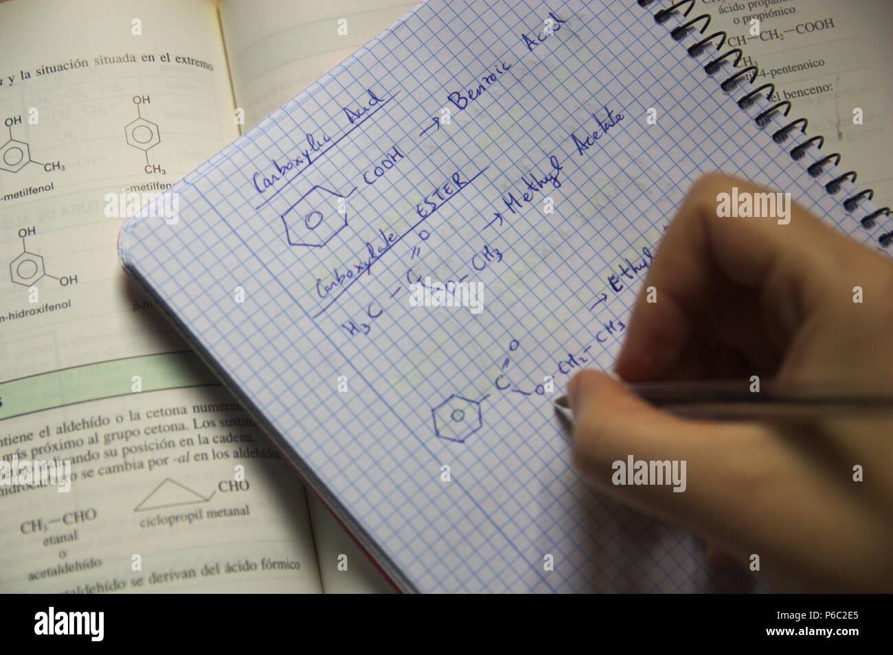 Alcune formule di chimica organica in uno studente della classe notebook. Foto Stock Alcune formule di chimica organica in uno studente della classe notebook. Foto Stock
