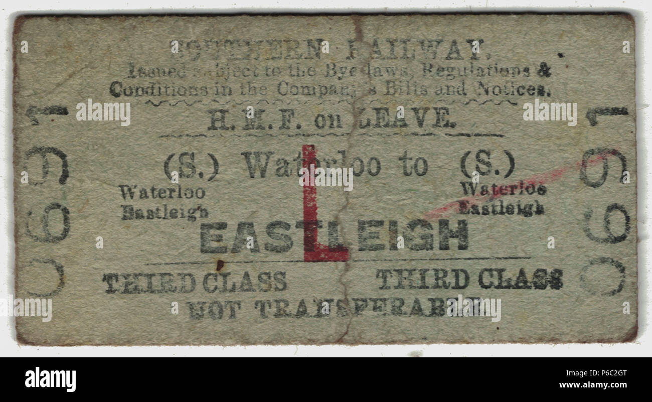 Biglietto del treno per Ferrovia Meridionale, terzi di classe per H.M.F, Sua Maestà di forze in congedo, Waterloo di Eastleigh Regno Unito 1945 Foto Stock