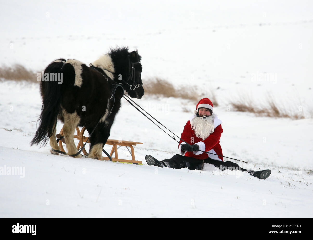 Oberoderwitz, vestiti da Babbo Natale, è caduto il suo pony sled Foto Stock