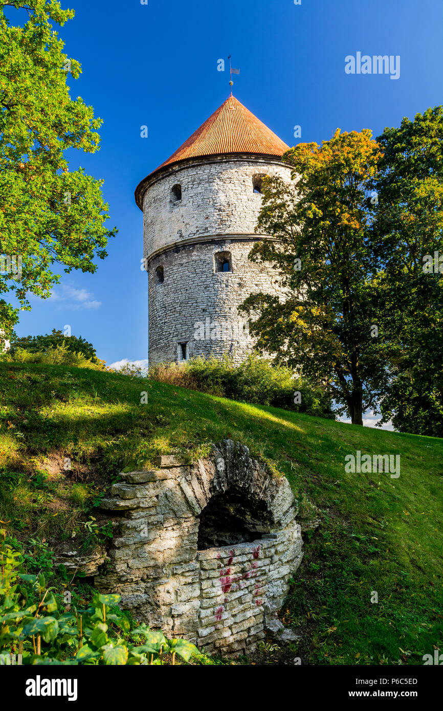La torre di Kiek in de Kök sulla collina al di sotto del quale è il sottopassaggio sotto forma di tunnel di pietra che è parzialmente messo da blocchi di pietra Foto Stock