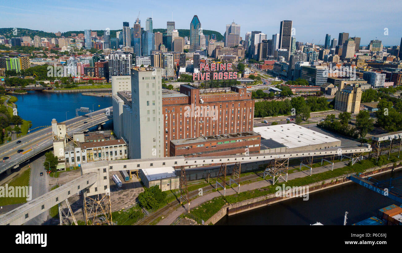 Farine di Cinque Rose segno e downtown skyline della città, Montreal, Canada Foto Stock